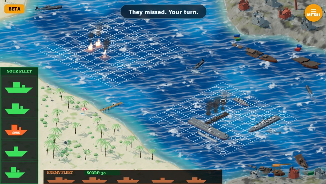 The Battleship Duos Beta: a 3D isometric harbour with burning ships